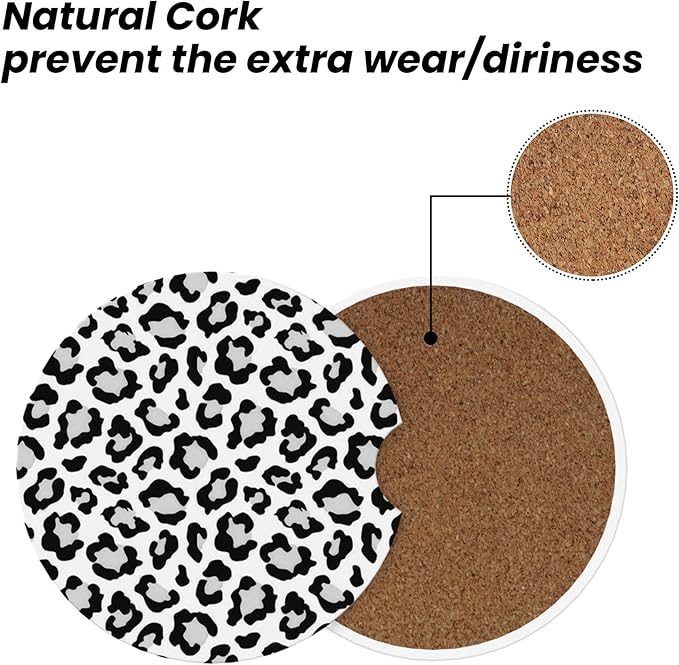 Absorbent Car Coasters for Cup Holders, 2 Pack Universal Anti Slip Ceramic Cup Coaster for Women Men 2.56 Inch Car Interior Accessories - White Grey Leopard 004