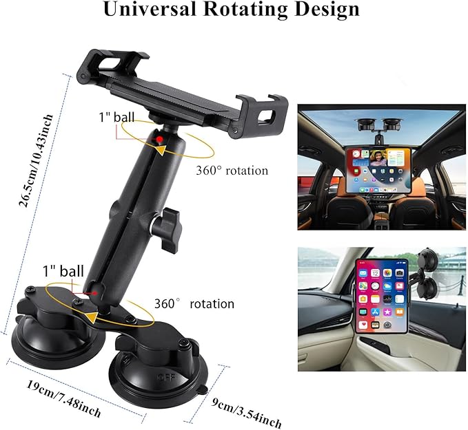 Pilots Tablet Holder with Strong Dual Suction Cups, Tablet Mount Base for Truck Car/Boat/Aircraft Windshield, Aluminum Tablets Stand Fits iPad Air 13" , iPad Pro 12.9" and other 4.7-15" Tablets