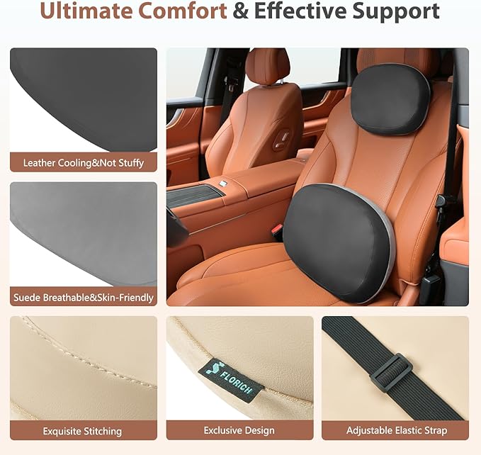 FLORICH Lumbar Support with Headrest Pillow Double-Sided Suede & Leather Car Neck Pillow and Back Cushion Kit Ergonomic Back Rest Pillow Neck Back Pain Relief for Car, Office Chair, Black