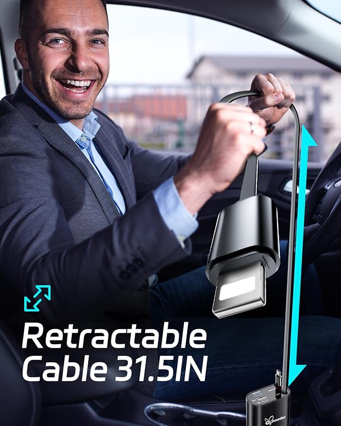 DreamBee Retractable Car Charger,66W 4 in 1 Super Fast Charge Car Phone Charger,Retractable Cables (31.5 inch) and 2 USB Ports Car Charger Adapter for iPhone 17/16/15/14/13/12 Pro Max XR,iPad,Samsung