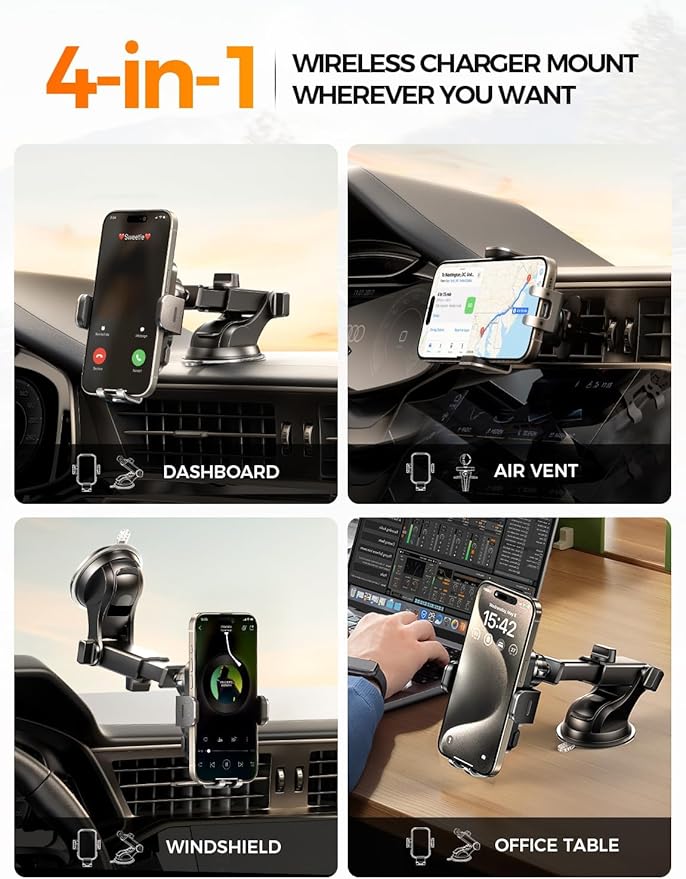 Wireless Car Charger Phone Holder Mount, 15W Fast Charging Auto Clamping Phone Holders for Your Car Dashboard Windshield Air Vent Car Accessories for iPhone, Samsung Galaxy, Google Pixel etc