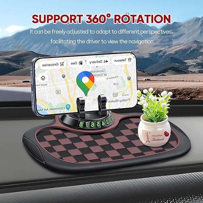 Wuyaoyao Multifunction Car Anti-Slip Mat Auto Phone Holder, PVC Car Dashboard Non-Slip Pad Phone Mount with Temporary Parking Number, Automotive Sticky Dash Pad for Phones, Keys, Gadgets (Black+Brown)
