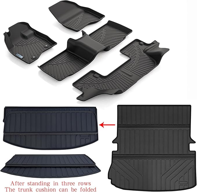 Floor Mats & Large Trunk Mat for 2015-2017 2018 2019 Ford Explorer，TPE All Weather Protection Car Floor Liners with Foldable Big Cargo Liners Accessories