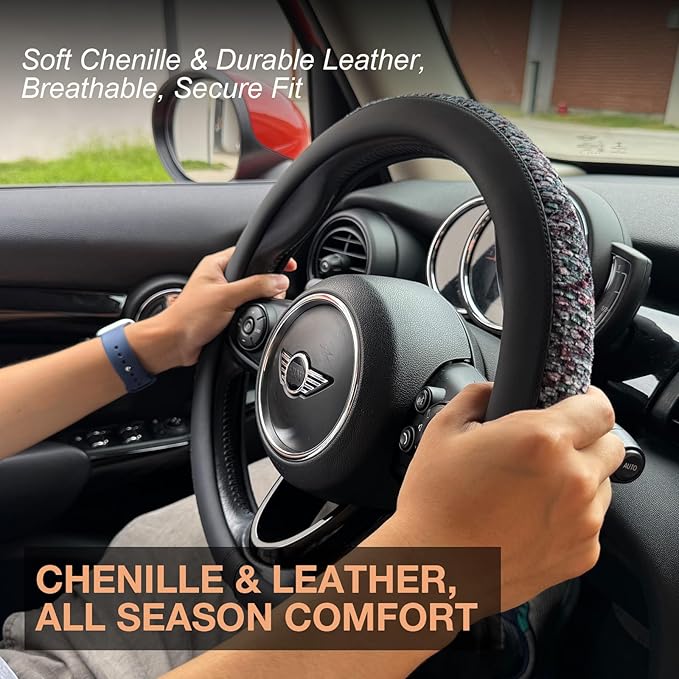 PINCTROT Chenille Leather Steering Wheel Cover, Soft Mottled Colors, Sweat-Proof, Non-Slip Grip, All-Season Comfort, Universal 14.5-15 Inch(Mottled Purple)