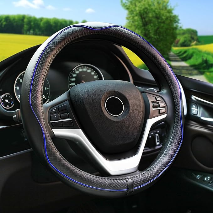 Rueesh Microfiber Leather Steering Wheel Cover Anti-Slip Matte Finish Auto Car Wheel Cover Universal 15 Inch Wheel Cover for Car Embossing Pattern Blue Line