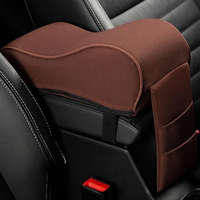 Auto Center Console Armrest Pillow Pad, Car Armrest Cushion Soft Memory Foam with Phone Holder Storage, Pockets Bag Seat Cushion Universal Fit for Most Car (Brown)