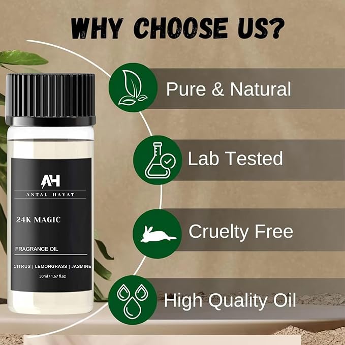 24K Magic Diffuser Oil 50ml – Hotel Inspired Aromatherapy Scent – Citrus, Lemongrass, Jasmine – Home Luxury Fragrance Oil by Antal Hayat – Essential Oil Blend for Diffusers