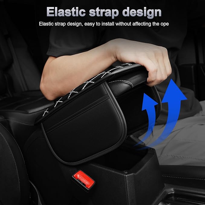 Bling Center Console Cover Fit for Nissan Sentra 2020-2025: with Quilting Pattern Crystal Rhinestone Automotive Armrest Cushion-Stylish Diamond Arm Rest Protection Mat(Black)