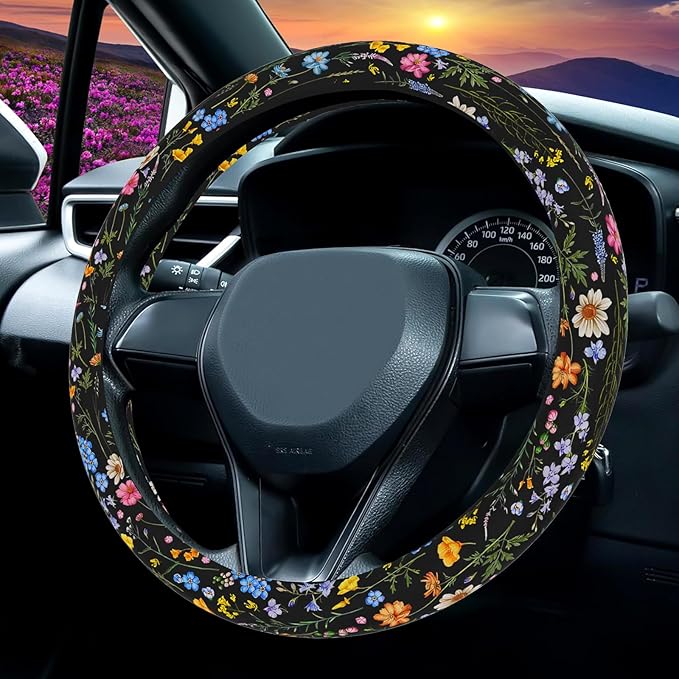 Wildflower Steering Wheel Cover, Flower Car Accessory for Diverse Cars, Steering Wheel Cover Non-Slip Breathable Fabric Absorbing Sweat Universal Car Accessories 14.5–15 inch