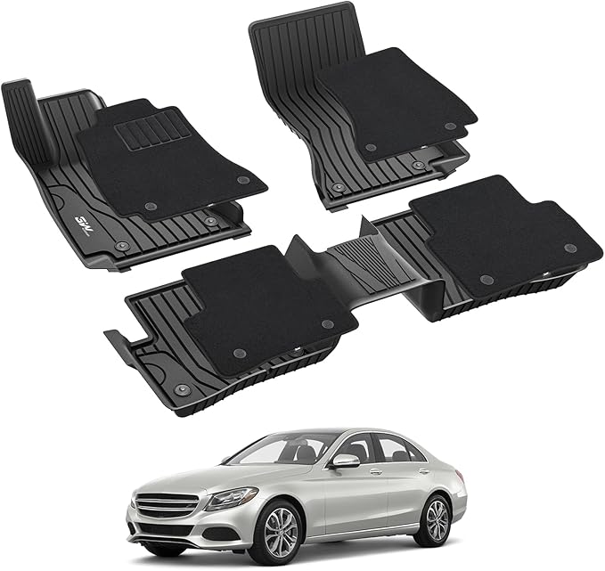 3W Floor Mats with Carpets for Mercedez Benz C-Class 2015-2021(for Sedan Only), TPE Floor Liner Thickened Carpet with Safety Locks for Benz C Class C300/C350e/C43 AMG/C63 AMG/C63 AMG S