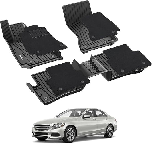 3W Floor Mats with Carpets for Mercedez Benz C-Class 2015-2021(for Sedan Only), TPE Floor Liner Thickened Carpet with Safety Locks for Benz C Class C300/C350e/C43 AMG/C63 AMG/C63 AMG S