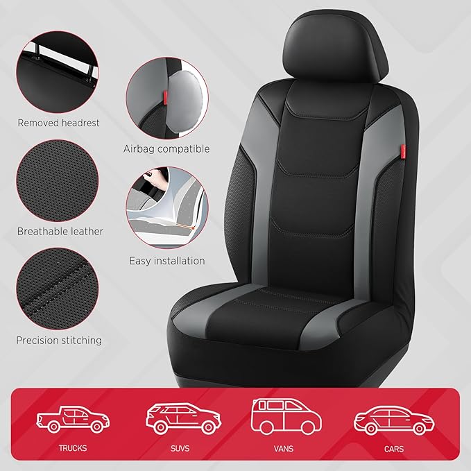 Rubbermaid Leather Car Seat Cover – Universal Front Seat Cover, Airbag Compatible, Easy to Install, Water-Resistant and Durable Automotive Seat Cover for Cars, Trucks, SUVs, Vans – Gray