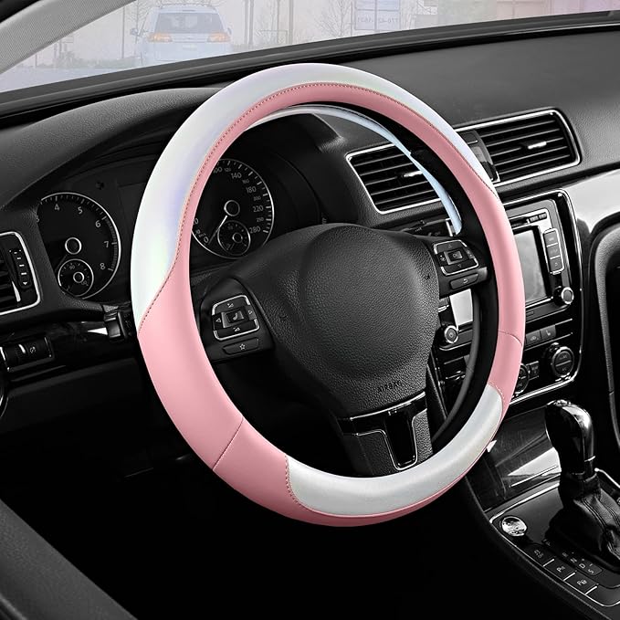 Road Comforts Steering Wheel Cover – Breathable Leather Steering Wheel Cover, Anti-Slip Grip, Universal Fit 14.5” to 15”, Heat & Cold Resistant for Cars, SUVs, and Trucks –Shining White & Pink