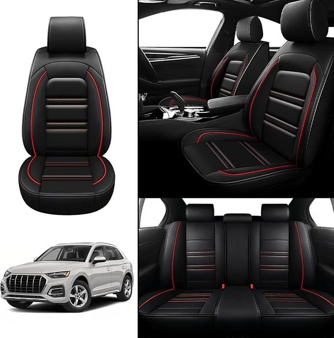 Seat Covers for Audi q5 2009-2025 | 5-Seats Leather Seat Covers, Easy to Install Automotive Seat Covers Full Set (Full Set, Black&Red Line)