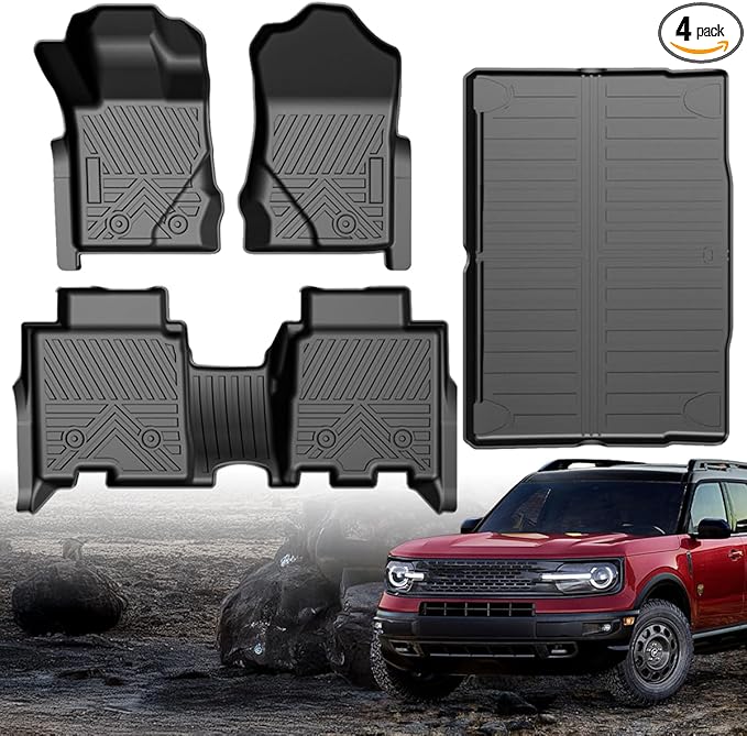 TPE All-Weather Floor Mats Cargo Liner for Ford Bronco 4 Door 2021-2025(Not for Bronco Sport) | Custom Fit Floor Liners Trunk Mat,1st & 2nd Row & Cargo Liner, Easy to Clean (4-Piece Set, Black)