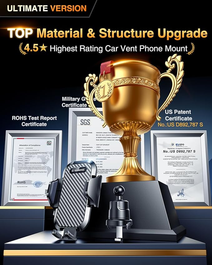 VANMASS BEST Phone Holders for Your Car Ultimate Military-Grade Car Phone Holder Mount【Patent & Safety Certs】Upgraded Shockproof Truck Air Vent Phone Mount for iPhone 17 Pro Max 16 15 Samsung Android