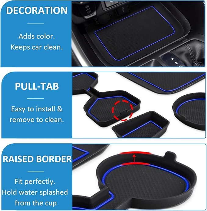 Auovo 3D Cup Holder Insert Liners Compatible with Toyota RAV4 Accessories 2025 2024 2023 2022 2021 2020 2019 Car Custom Cup Holder Mats Pads 4-pc Set (Dark Blue Trim)