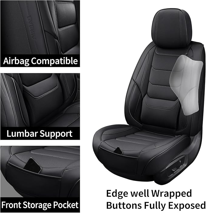 Leather Car Seat Covers Full Set Breathable Automotive Seat Covers Waterproof Seat Protectors Universal Fit for Most Automotive Cars SUV Trucks(Black, Full Set)
