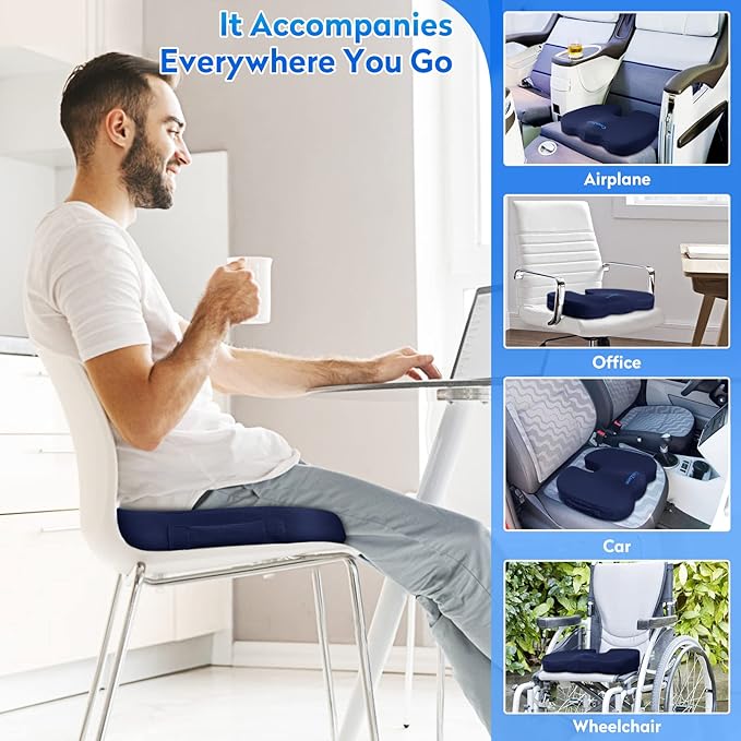 Seat Cushion, Office Chair Cushions, Car Seat Cushion, Non-Slip Sciatica & Back Coccyx Pain Relief Chair Pad, Memory Foam Pillow for Computer Desk, Wheelchair, Driving Large Size (Blue)