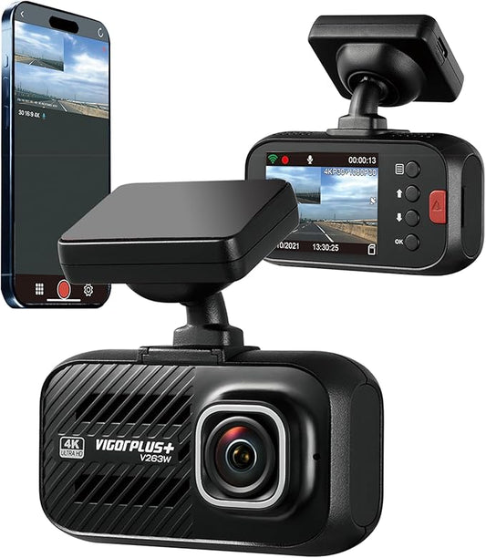 VIGORPLUS V263W 4K Dash Cam with WiFi and GPS, Sony STARVIS Sensor, 140° Wide Angle Front Car Camera, Super Night Vision, Parking Monitor, Loop Recording, G-Sensor, Dashcam for Cars and SUVs