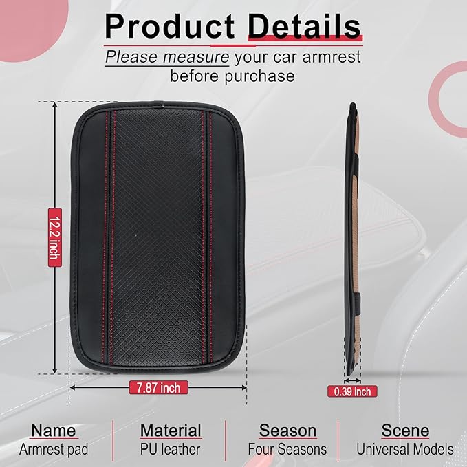 Amiss Car Center Console Pad, Universal Waterproof Car Armrest Seat Box Cover, PU Leather Auto Armrest Cover Protector，Vehicle Interior Accessories fits SUV/Truck/Car (Black-Red)