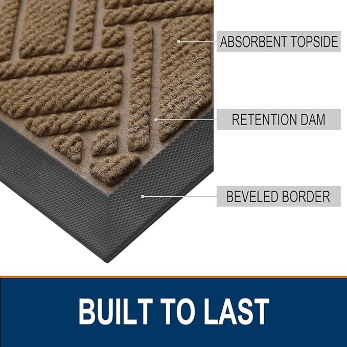 OLANLY Indoor Outdoor Mat, Sturdy Natural Rubber Floor Mat, Non Slip Low Profile Waterproof Doormat, and Stain Front Door Mats, Easy Clean Patio Entrance Mat, 30''x17'', Light Brown