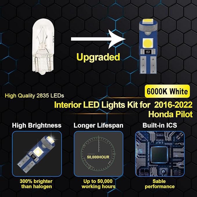 EASY EAGLE LED Interior Car Lights for Honda-Pilot-2016-2022: 15 Piece Kit White LED Light Bulbs - Super Bright 6000K + Install Tool