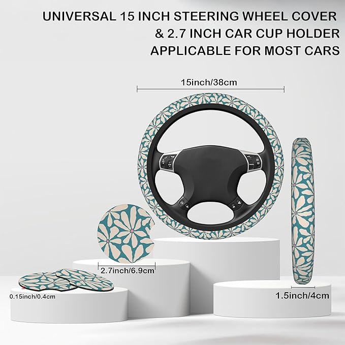 Vintage Blue Flower Steering Wheel Cover for Women, Anti-Slip Car Steering Wheel Cover with 2 Pcs Cup Holders Neoprene Breathable Car Accessories Universal 15 Inch Auto Interior Decor