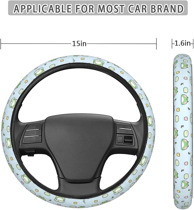 Dujiea Cute Frog Stay On Leaf Elastic Stretch Steering Wheel Cover, Anti-Slip and Durable Car Steering Wheel Accessories for Women Men, 15 Inch Universal Fit Car, Truck, SUV