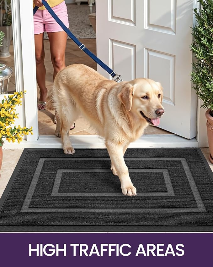 DEXI Front Door Mat Outside Entrance, Heavy Duty Rubber Backed Doormat, Stain and Fade Resistant, Low-Profile Easy Clean Entryway Floor Mats, 17x29, Rectangles Black