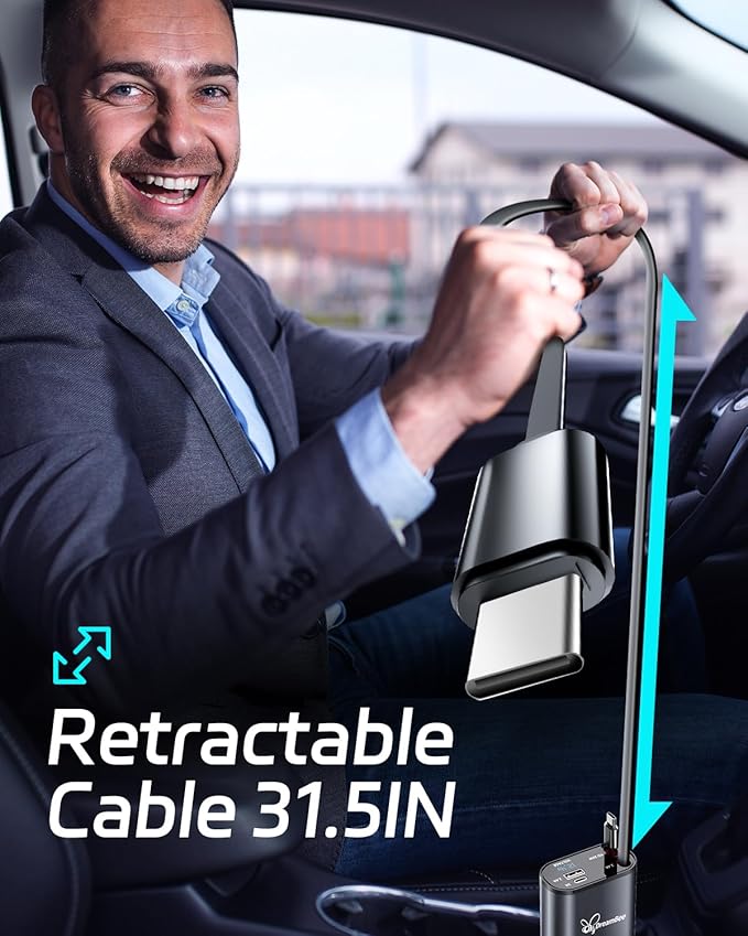 DreamBee Retractable Car Charger,66W Super Fast USB Car Phone Charger,Dual TypeC Retractable Cables Gifts for Men Women Car Truck Accessories for Samsung Galaxy S23+/S23,iPhone 17/16/15/ Pro Max, iPad