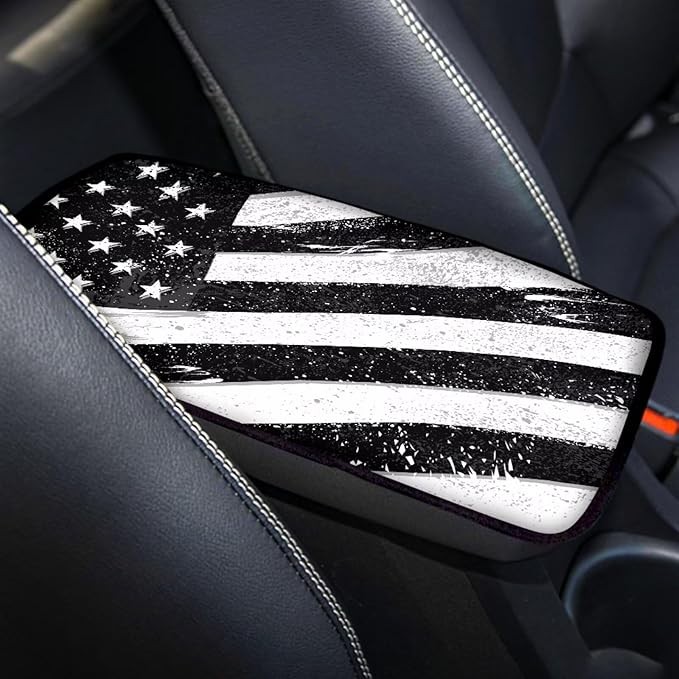 Auto Center Console Pad,Soft Waterproof Car Center Console Cover Auto Armrest Seat Box Cover Protector for Most Vehicle SUV Truck Car, Black White American Flag