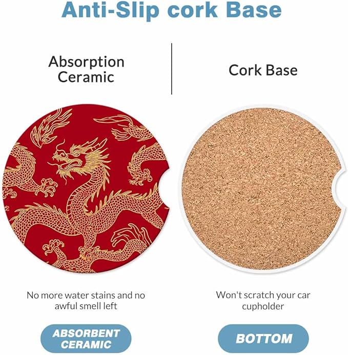 Dragon Car Cup Holder Coaster 2 Pack Absorbent Ceramic Car Coasters for Cup Holders Car Accessories Interior for Women Men Universal Anti Slip Cork Base Cup Coasters with Finger Notch