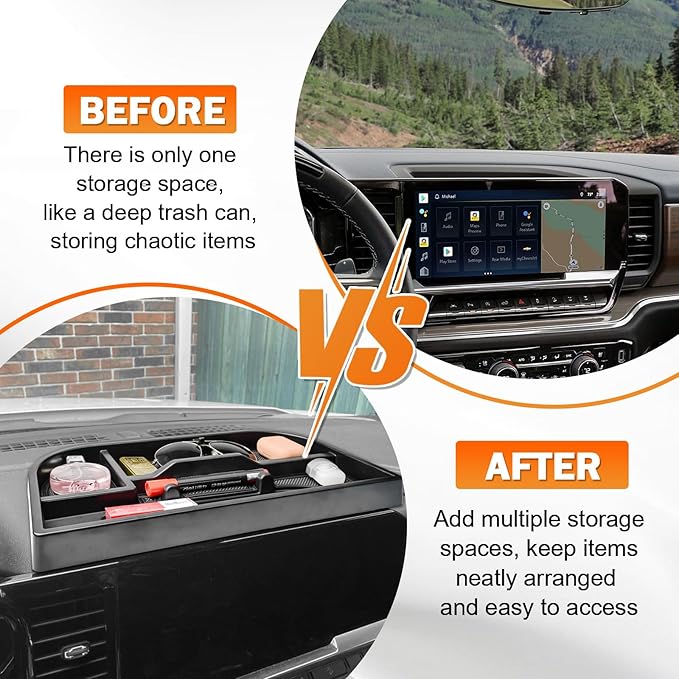 TACOBRO Interior Dashboard Storage Compatible with 2022-2025 Sierra/Silverado 1500 Accessories, 2024 2025 GMC Sierra/Chevy Silverado 2500HD/3500HD Dash Mounted Organizer Tissue Holder Tray