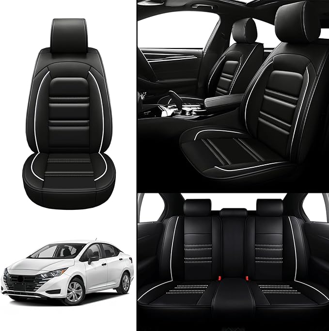 Seat Covers for Nissan Car Versa 2007-2025 | 5-Seats Leather Seat Covers, Easy to Install Automotive Seat Covers Full Set (Full Set, Black&White Line)