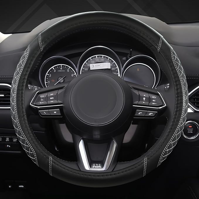 West Llama Microfiber Leather Car Steering Wheel Cover Universal Fit 15-15.5 inch SUV,Sedan,Car,Trucks(Black+Gray Line-M-Large Size)