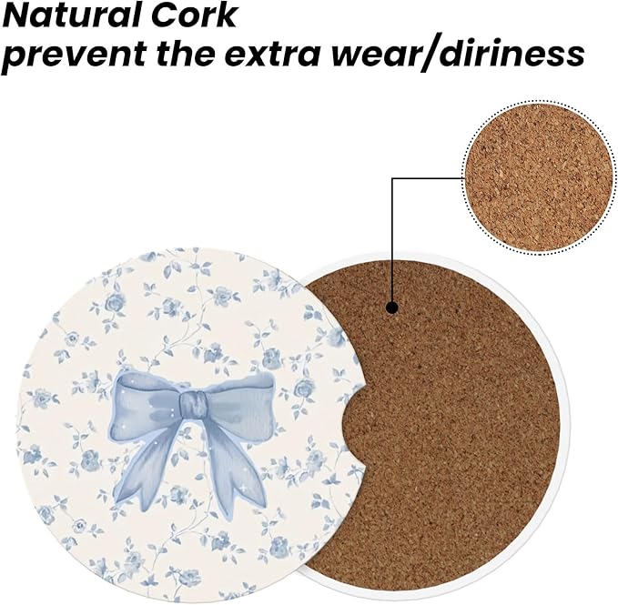 Absorbent Car Coasters for Cup Holders, 2 Pack Universal Anti Slip Ceramic Cup Coaster for Women Men 2.56 Inch Car Interior Accessories - Blue Bow Tie Flower