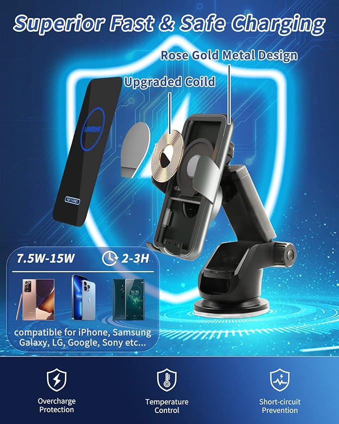 15W Car Mount Charger Qi Fast Wireless Charging Phone Mount, Windshield Dashboard Air Vent Auto Clamping Phone Holder for iPhone 11 12 13 14, 15, 16 Max Xs, Samsung S21 S22, S20, S10+ etc, Google Grey