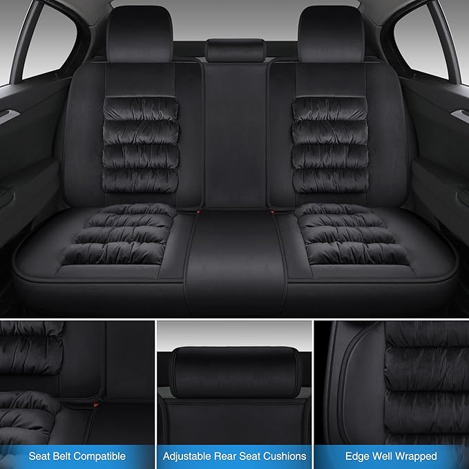 AOOG Fuzzy Leather Car Seat Covers, Heated Front Bench Back Cushion Protector for Cars SUV Trucks (Full Set, Black)