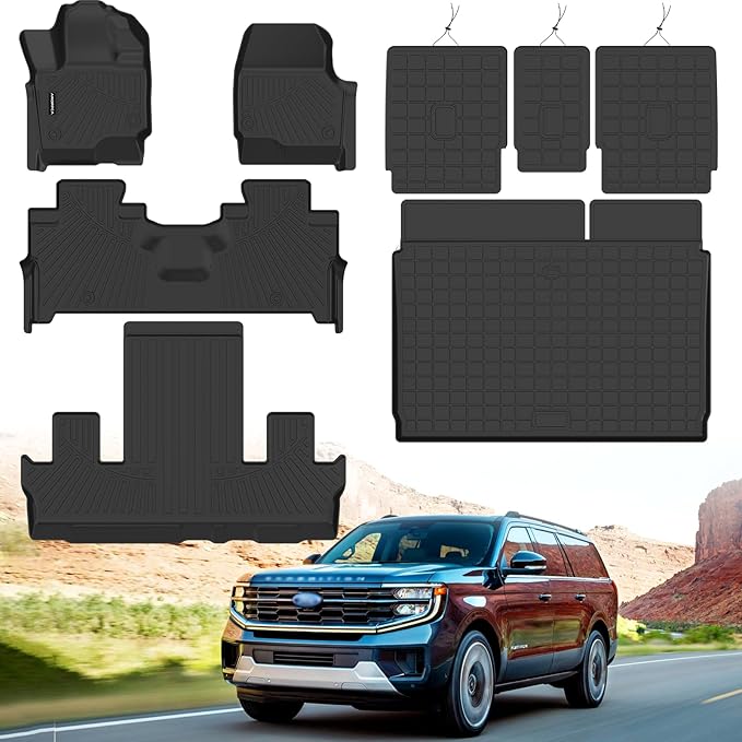 All Weather Car Floor Mats Cargo Liner with Backrest Mat for 2025 Ford Expedition Max 7 Seats, TPE Rubber Liners Full Set Automotive Mats for 2025 Expedition Max Accessories