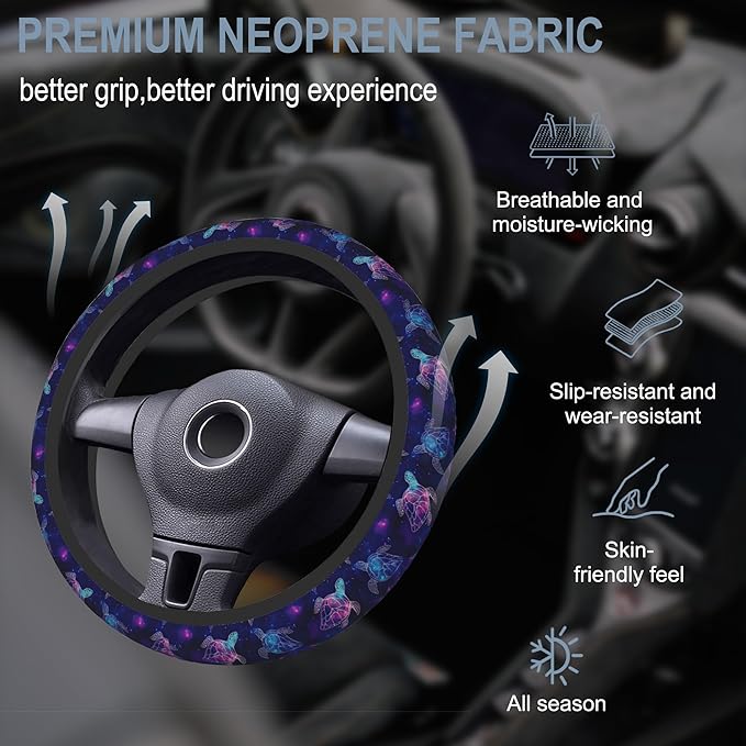 Purple Cosmic Galaxy Sea Turtle Car Steering Wheel Cover for Women Men with 2 Pcs Car Coasters,Universal 15 Inch Steering Wheel Covers Anti-Slip and Practical Auto Accessories Fit Auto,Suvs