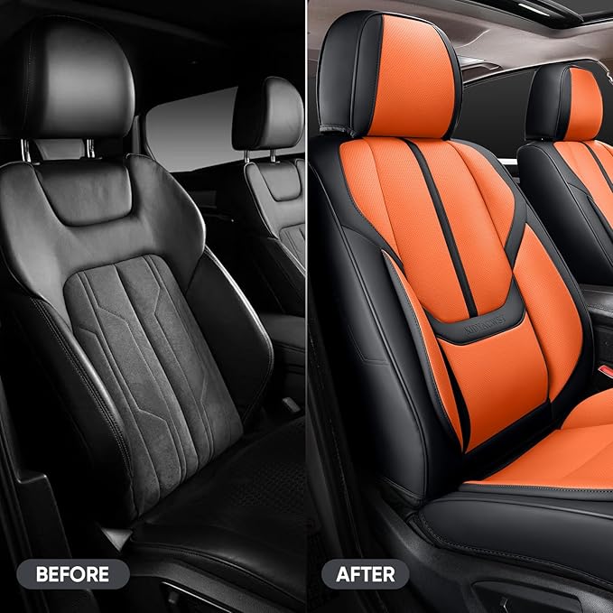 Auto Car Seat Covers Accessories Full Set Leather Cushion Protector Breathable Waterproof Seat Cover for Cars Universal Fit (Black&Orange, FullSet Without Headrest)