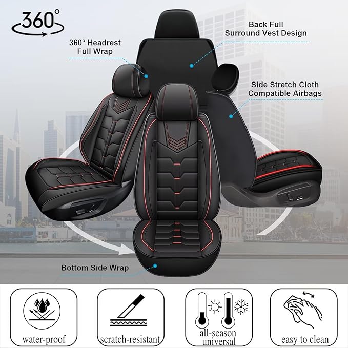 Seat Covers Fit for Chevrolet Chevy Bolt 2017-2025 Full Set Car Seat Cover Faux Leather Seat Cushion Waterproof Auto Protectors(Black & Red Line)