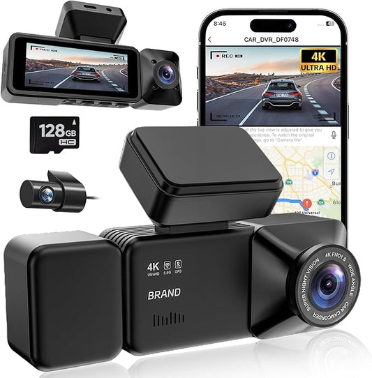 4K 3 Channel Dash Cam Front and Rear with Cabin, 4K+1080P+1080P Dash Camera for Cars, Free 128GB Card Included, Dash Cam with Night Vision, WiFi, GPS, APP Control, Parking Monitor, Loop Recording