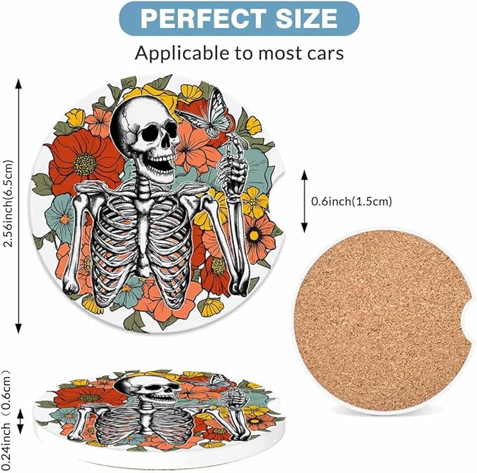 Skeleton Wildflower Car Cup Holder Coaster 2 Pack Absorbent Ceramic Car Coasters for Cup Holders Car Accessories Interior for Women Men Universal Anti Slip Cork Base Cup Coasters with Finger Notch