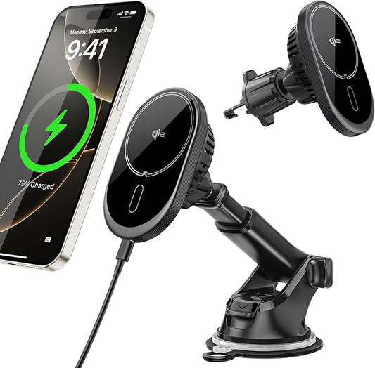 A2C for MagSafe Car Mount Charger, QI2 15W Wireless Car Charger with Semiconductor Cooler, Magnetic Car Charger for iPhone 17 16 15 14 13 12, Dash+Windshield+Vent Mount, PD 30W Adaptor Included