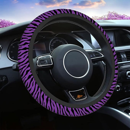 Swono Zebra Print Purple Car Steering Wheel Covers Funny Black and Purple Zebra Scale Print Universal Fit 15 Inch Anti-Slip Steering Wheel Protector Cover Stretch-On Fabric Automotive Car SUV Sedans