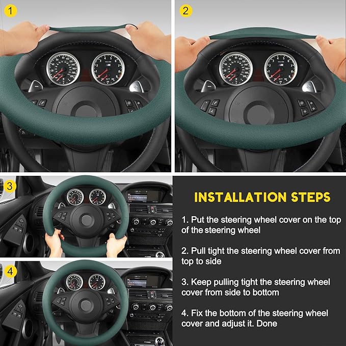 Suede Steering Wheel Cover with Upgraded Silicone Inner Ring, Breathable, Anti-Slip, Leather Universal 14.5 to 15 Inch Steering Wheel Cover (Pure Green)
