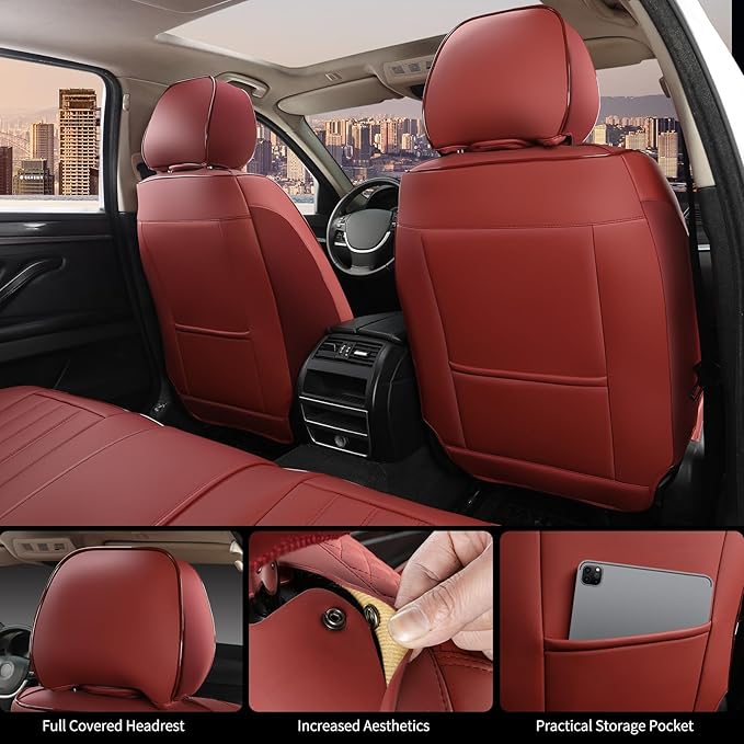 Red Car Seat Covers Full Set, Universal Leather Seat Cover for Cars 5 Seats, Waterproof and Breathable Automotive Seat Cover Front and Rear Seat Covers for Most Trucks, Sedans, SUVs