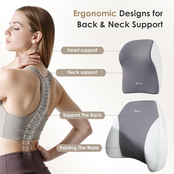 FLORICH Lumbar Support and Car Neck Pillow, Back Support and Headrest Pillow for Car Seat Driver, Memory Foam Back Neck Support Pillow and Car Seat Lumbar Support for Car Office Chair - Grey